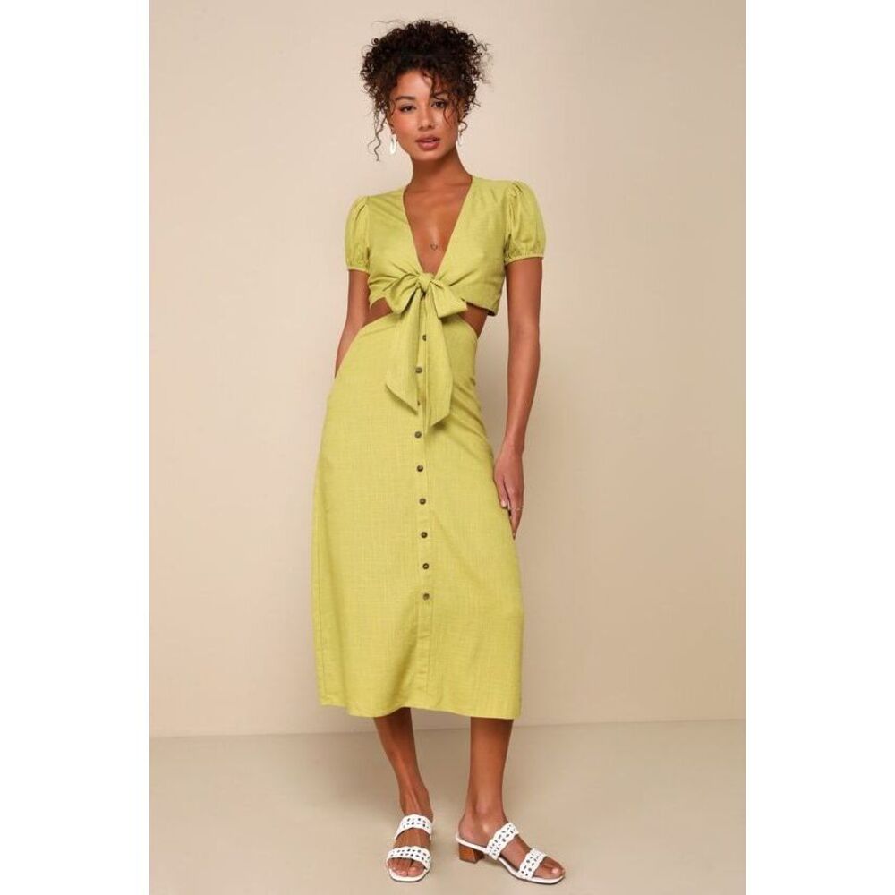 Lulus Portofino Poise Green Tie-front Linen Button-front Midi Dress - Size XS